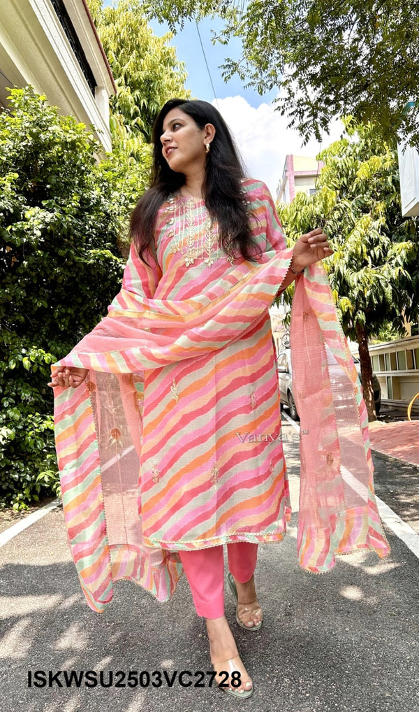 Hand Block Lehariya Printed Kota Doriya Kurti With Cotton pant And Doriya Dupatta-ISKWSU2503VC2728/2727/2743