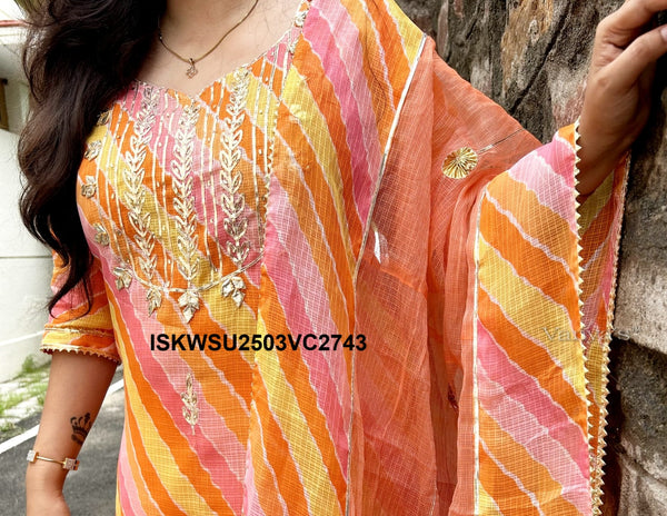 Hand Block Lehariya Printed Kota Doriya Kurti With Cotton pant And Doriya Dupatta-ISKWSU2503VC2728/2727/2743