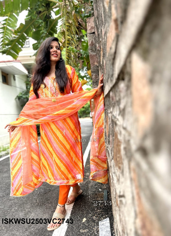Hand Block Lehariya Printed Kota Doriya Kurti With Cotton pant And Doriya Dupatta-ISKWSU2503VC2728/2727/2743