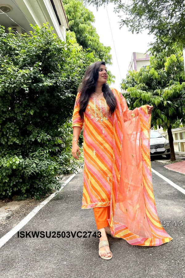 Hand Block Lehariya Printed Kota Doriya Kurti With Cotton pant And Doriya Dupatta-ISKWSU2503VC2728/2727/2743
