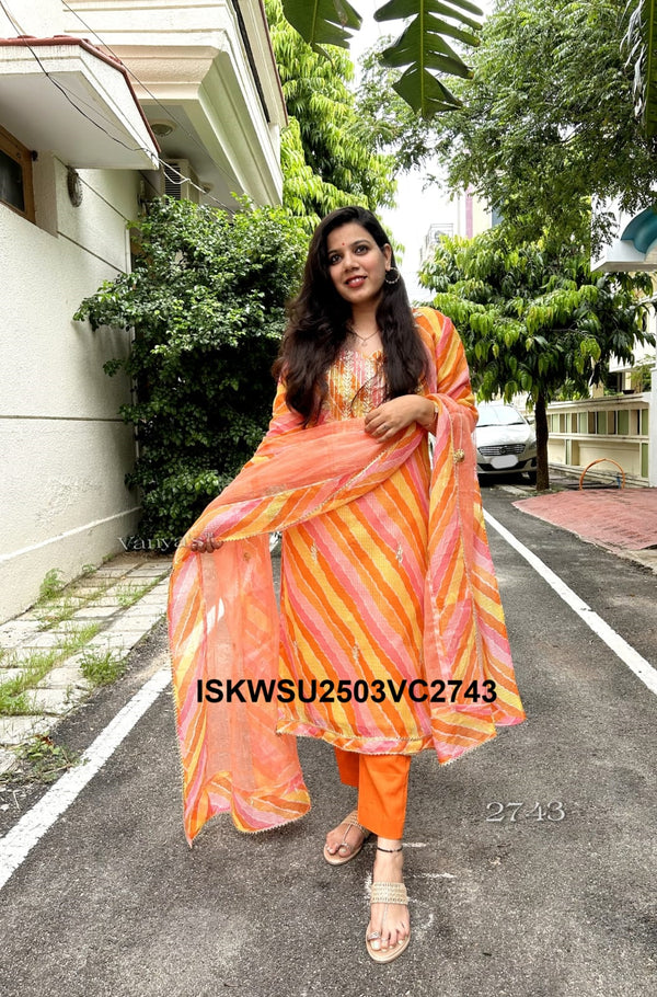 Hand Block Lehariya Printed Kota Doriya Kurti With Cotton pant And Doriya Dupatta-ISKWSU2503VC2728/2727/2743