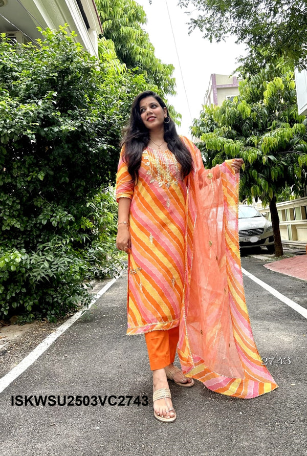 Hand Block Lehariya Printed Kota Doriya Kurti With Cotton pant And Doriya Dupatta-ISKWSU2503VC2728/2727/2743