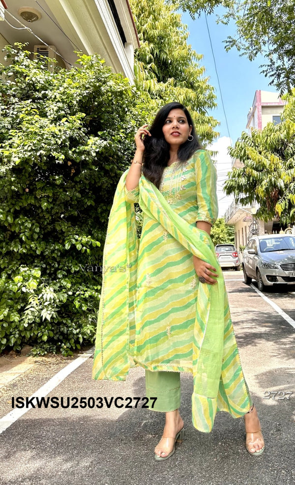 Hand Block Lehariya Printed Kota Doriya Kurti With Cotton pant And Doriya Dupatta-ISKWSU2503VC2728/2727/2743