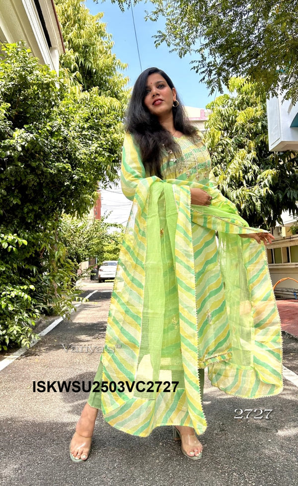 Hand Block Lehariya Printed Kota Doriya Kurti With Cotton pant And Doriya Dupatta-ISKWSU2503VC2728/2727/2743