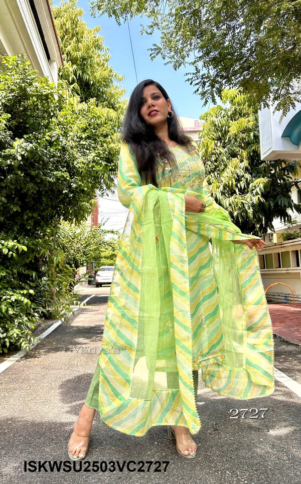 Hand Block Lehariya Printed Kota Doriya Kurti With Cotton pant And Doriya Dupatta-ISKWSU2503VC2728/2727/2743
