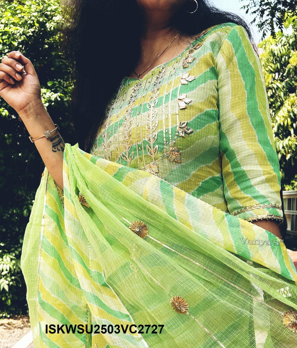 Hand Block Lehariya Printed Kota Doriya Kurti With Cotton pant And Doriya Dupatta-ISKWSU2503VC2728/2727/2743