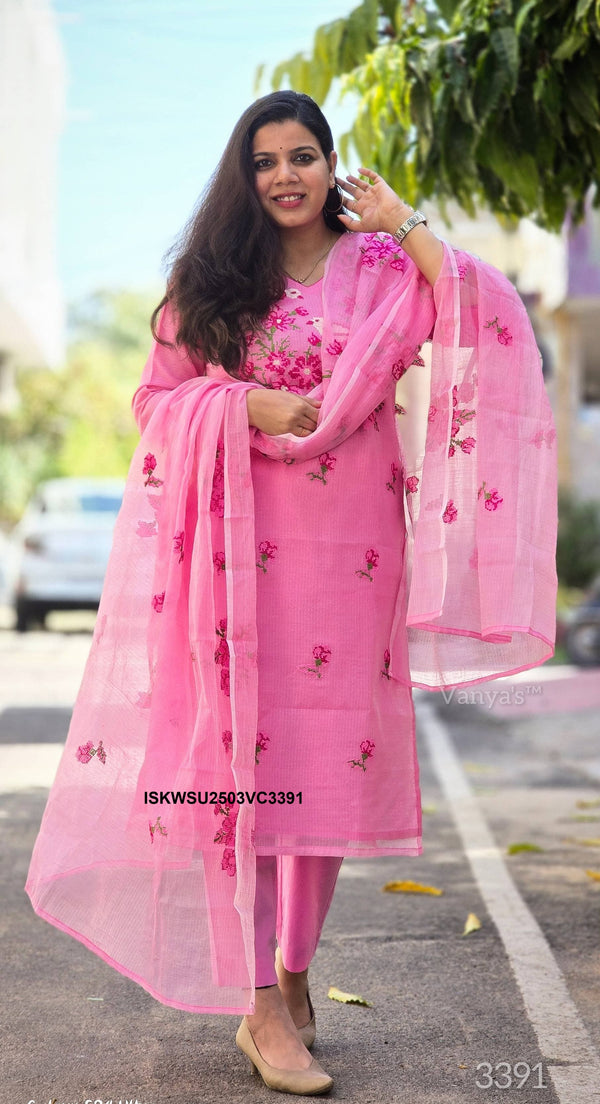 Embroidered Kota Doriya Kurti With Cotton Pant And Doriya Dupatta-ISKWSU2503VC3391