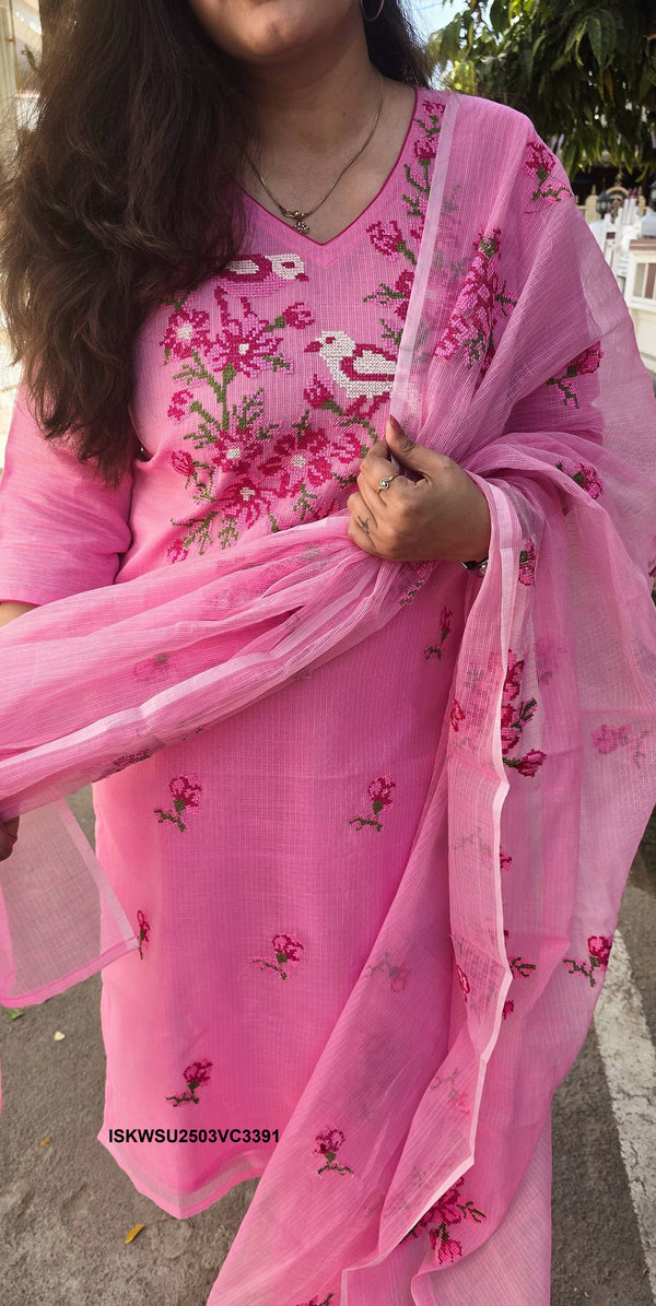 Embroidered Kota Doriya Kurti With Cotton Pant And Doriya Dupatta-ISKWSU2503VC3391