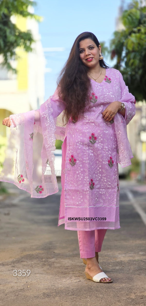 Embroidered Kota Doriya Kurti With Cotton Pant And Doriya Dupatta-ISKWSU2503VC3359