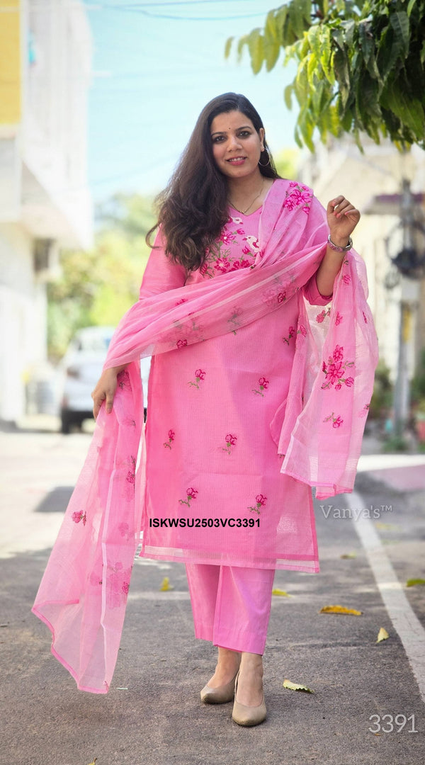 Embroidered Kota Doriya Kurti With Cotton Pant And Doriya Dupatta-ISKWSU2503VC3391