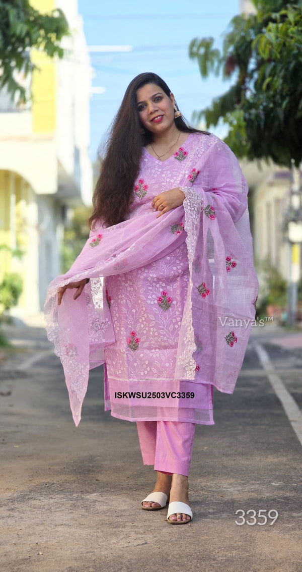 Embroidered Kota Doriya Kurti With Cotton Pant And Doriya Dupatta-ISKWSU2503VC3359