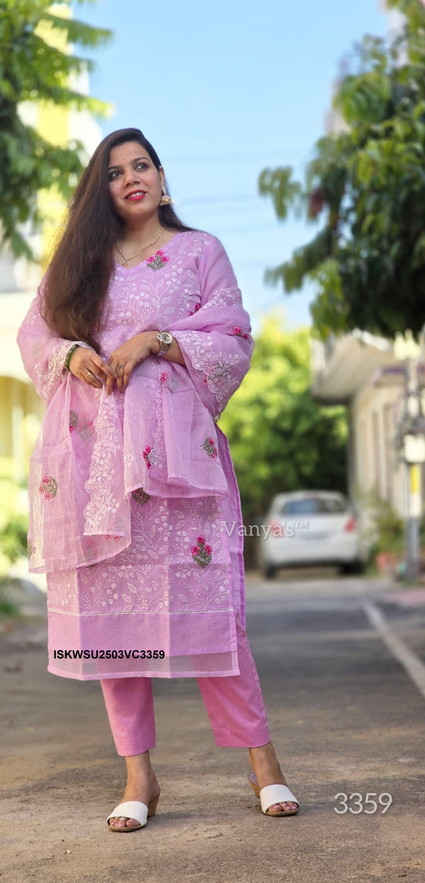 Embroidered Kota Doriya Kurti With Cotton Pant And Doriya Dupatta-ISKWSU2503VC3359