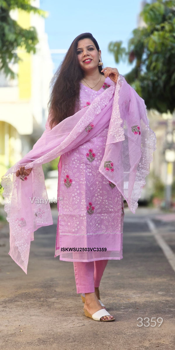 Embroidered Kota Doriya Kurti With Cotton Pant And Doriya Dupatta-ISKWSU2503VC3359