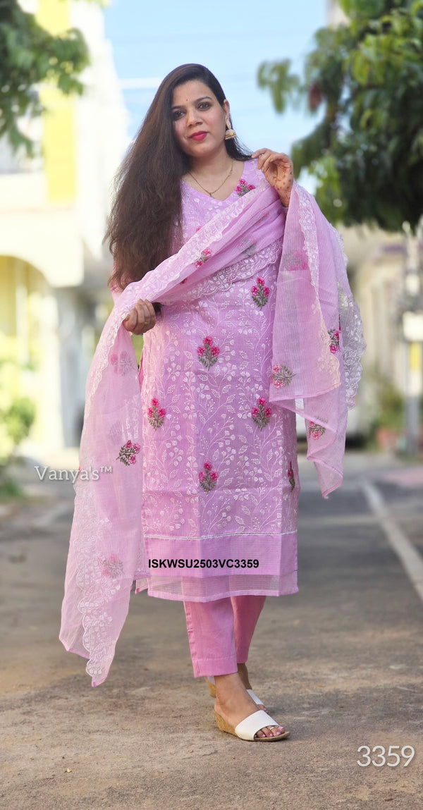 Embroidered Kota Doriya Kurti With Cotton Pant And Doriya Dupatta-ISKWSU2503VC3359