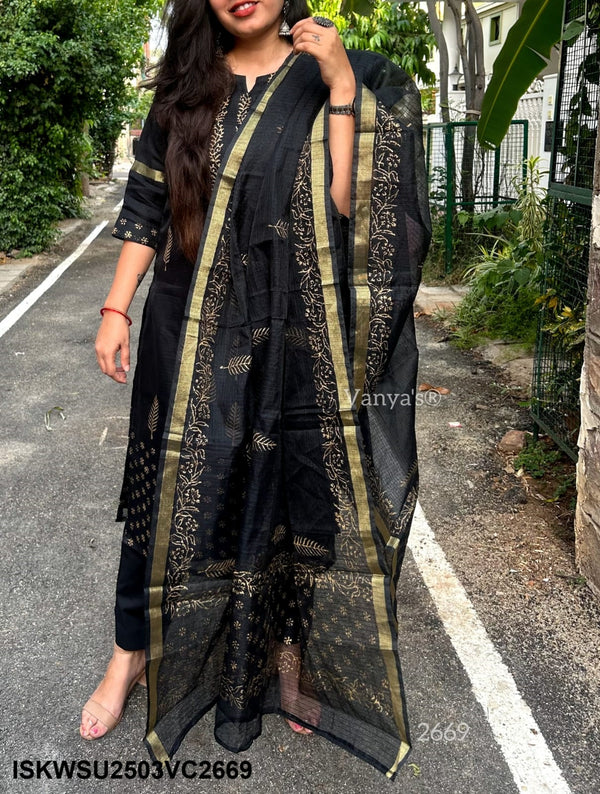 Hand Block Printed Kota Doriya Kurti With Cotton Pant And Doriya Dupatta-ISKWSU2503VC2669