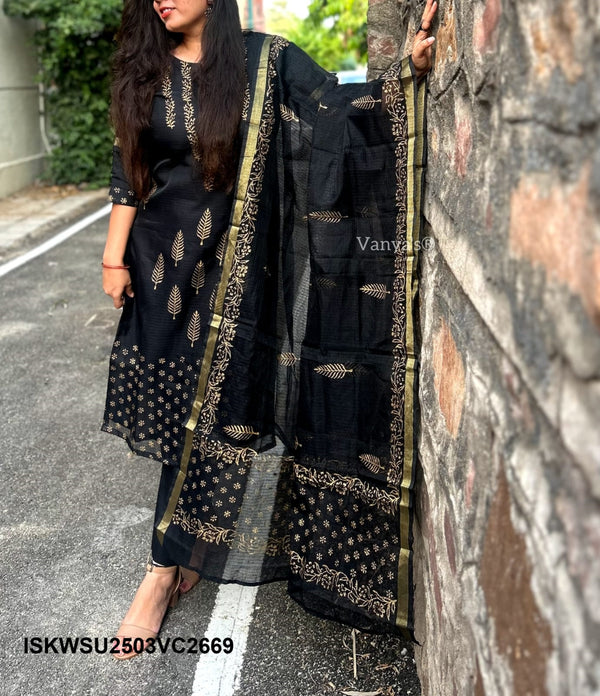 Hand Block Printed Kota Doriya Kurti With Cotton Pant And Doriya Dupatta-ISKWSU2503VC2669