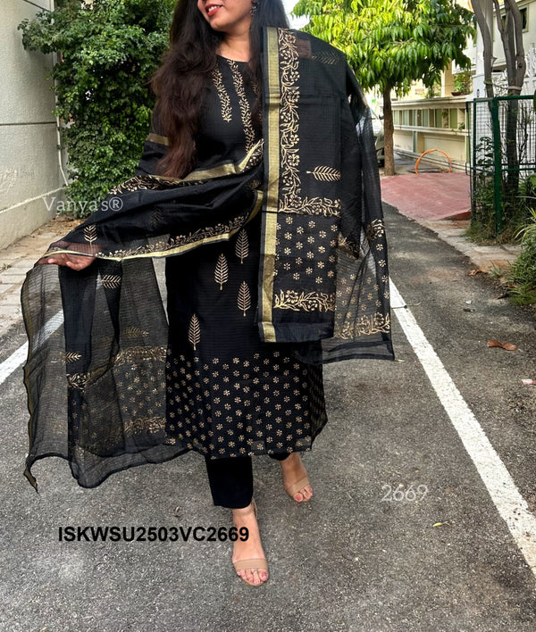 Hand Block Printed Kota Doriya Kurti With Cotton Pant And Doriya Dupatta-ISKWSU2503VC2669