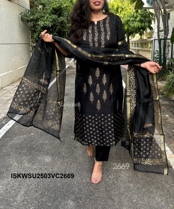 Hand Block Printed Kota Doriya Kurti With Cotton Pant And Doriya Dupatta-ISKWSU2503VC2669
