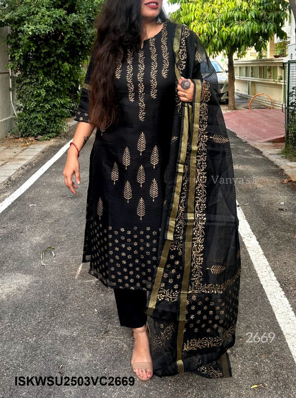 Hand Block Printed Kota Doriya Kurti With Cotton Pant And Doriya Dupatta-ISKWSU2503VC2669