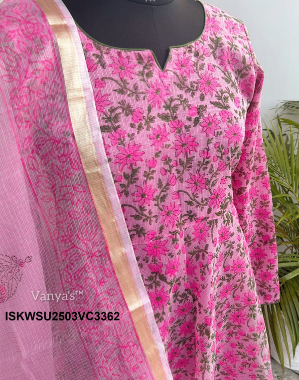 Hand Block Printed Kota Doriya Kurti With Cotton Pant And Doriya Dupatta-ISKWSU2503VC3362