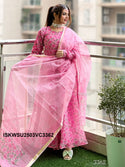 Hand Block Printed Kota Doriya Kurti With Cotton Pant And Doriya Dupatta-ISKWSU2503VC3362