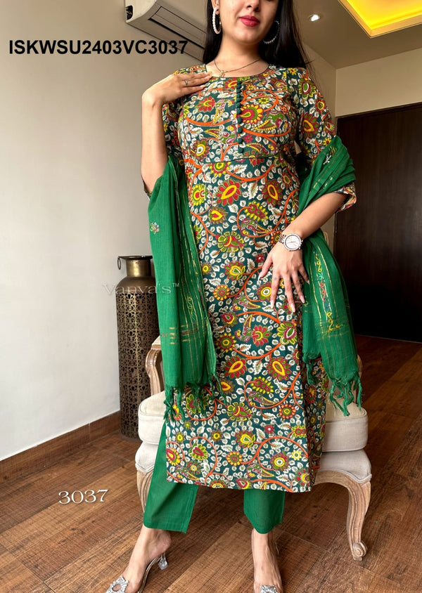 Kalamkari Printed Handloom Cotton Kurti With Cotton Pant And Dupatta-ISKWSU2403VC3037