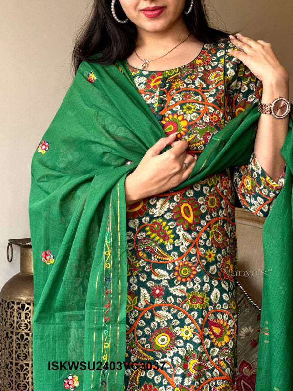 Kalamkari Printed Handloom Cotton Kurti With Cotton Pant And Dupatta-ISKWSU2403VC3037
