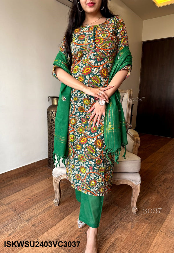 Kalamkari Printed Handloom Cotton Kurti With Cotton Pant And Dupatta-ISKWSU2403VC3037