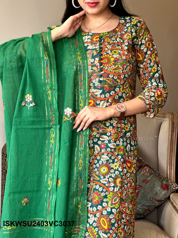 Kalamkari Printed Handloom Cotton Kurti With Cotton Pant And Dupatta-ISKWSU2403VC3037