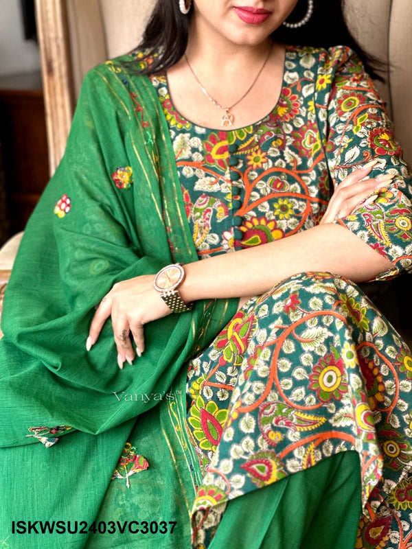 Kalamkari Printed Handloom Cotton Kurti With Cotton Pant And Dupatta-ISKWSU2403VC3037