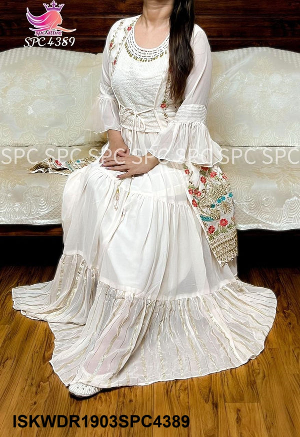 Embroidered Georgette Dress With Jacket-ISKWDR1903SPC4389