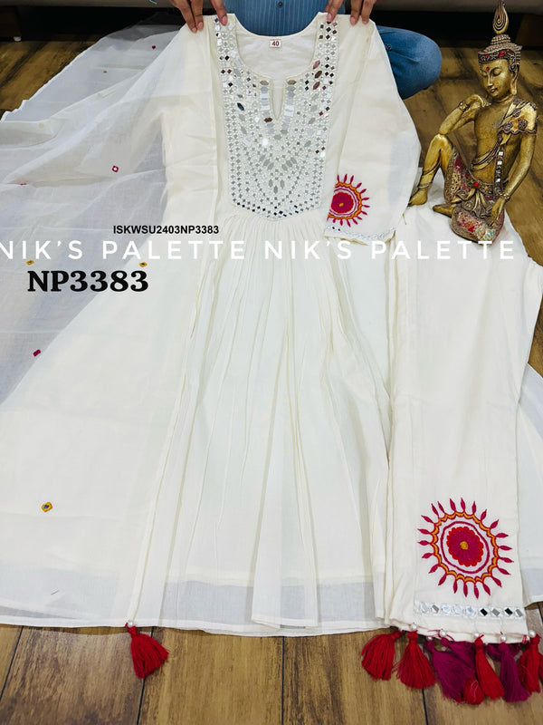 Embroidered Malmal Cotton Anarkali Kurti With Pant And Dupatta-ISKWSU2403NP3383