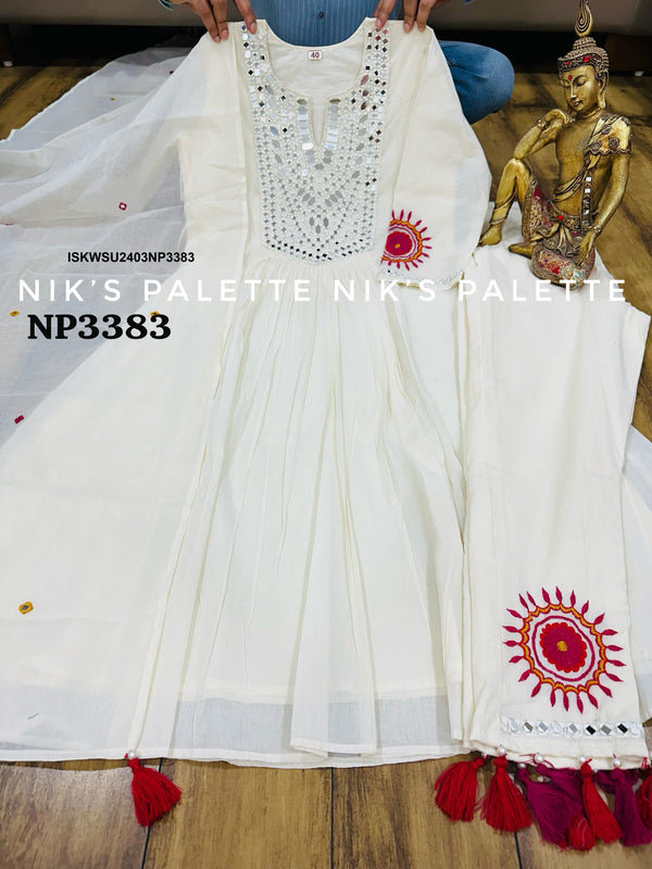 Embroidered Malmal Cotton Anarkali Kurti With Pant And Dupatta-ISKWSU2403NP3383