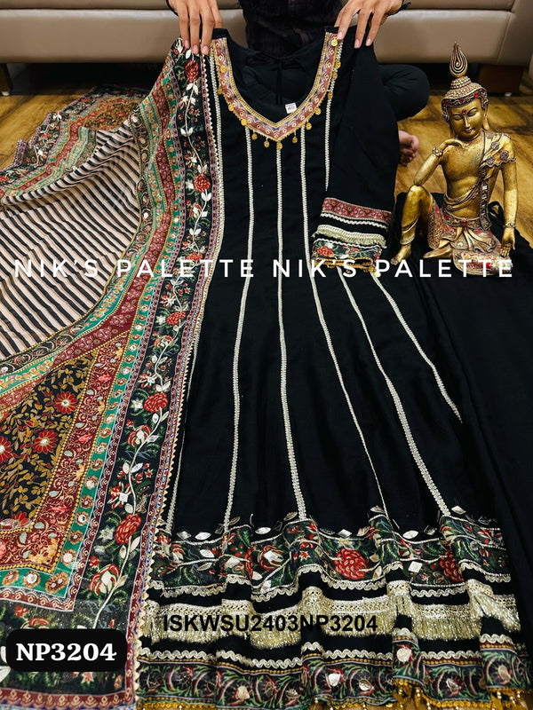 Embroidered Silk Anarkali Kurti With Pant And Kalamari Printed Organza Dupatta-ISKWSU2403NP3204
