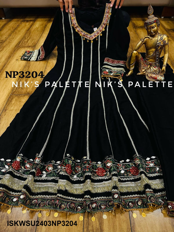 Embroidered Silk Anarkali Kurti With Pant And Kalamari Printed Organza Dupatta-ISKWSU2403NP3204