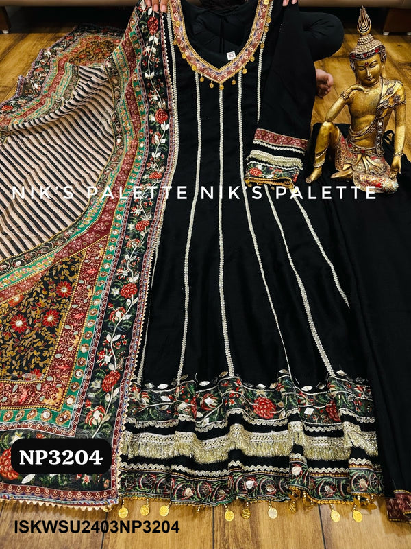 Embroidered Silk Anarkali Kurti With Pant And Kalamari Printed Organza Dupatta-ISKWSU2403NP3204