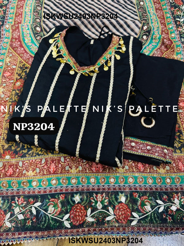 Embroidered Silk Anarkali Kurti With Pant And Kalamari Printed Organza Dupatta-ISKWSU2403NP3204