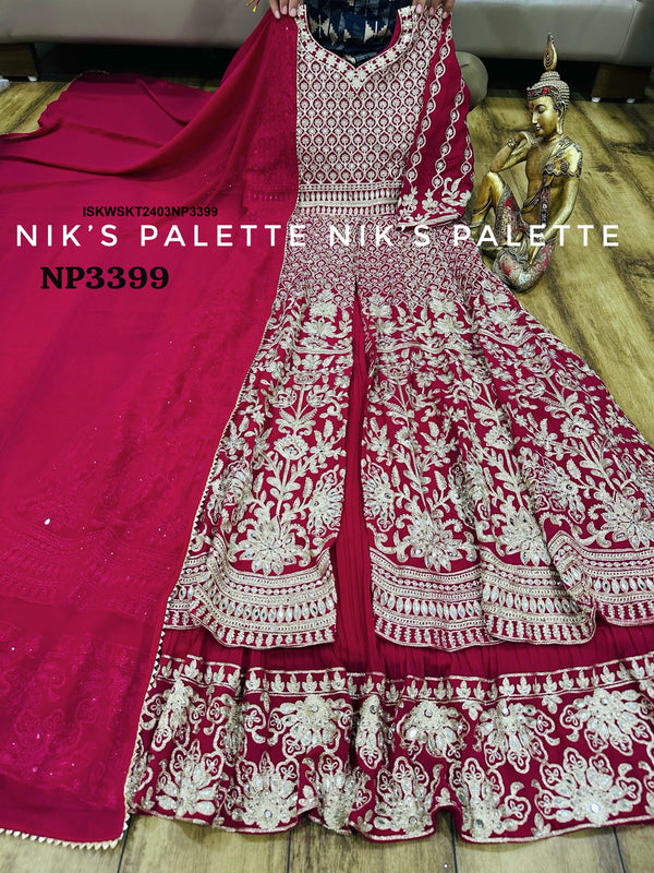 Embroidered Georgette Front Slit Kurti With Skirt And Dupatta-ISKWSKT2403NP3399
