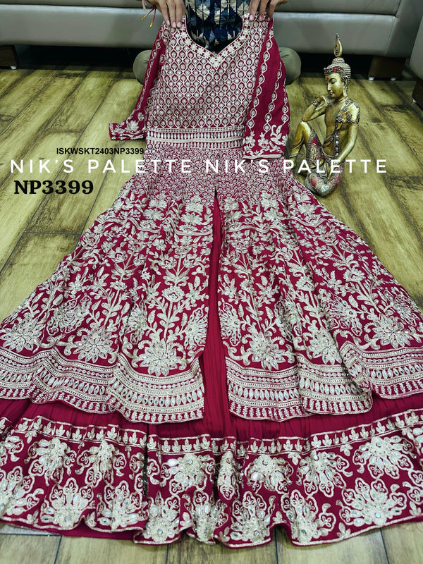 Embroidered Georgette Front Slit Kurti With Skirt And Dupatta-ISKWSKT2403NP3399