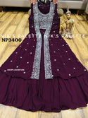 Georgette Crop Top With Palazzo And Embroidered Shrug-ISKWPL2403NP3400