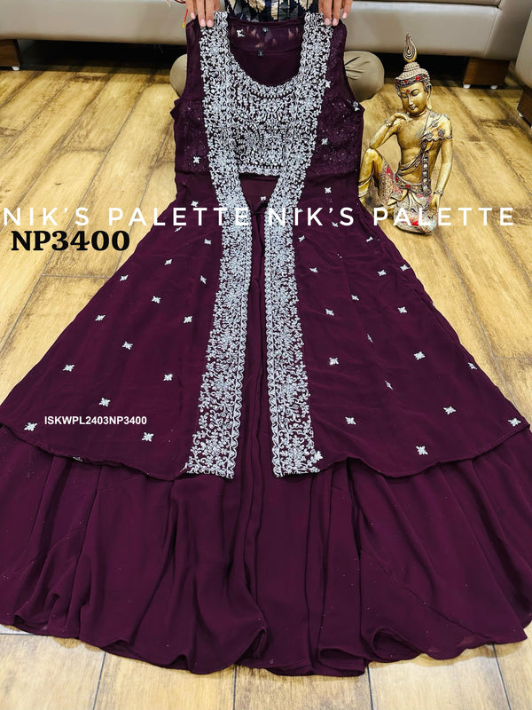 Georgette Crop Top With Palazzo And Embroidered Shrug-ISKWPL2403NP3400