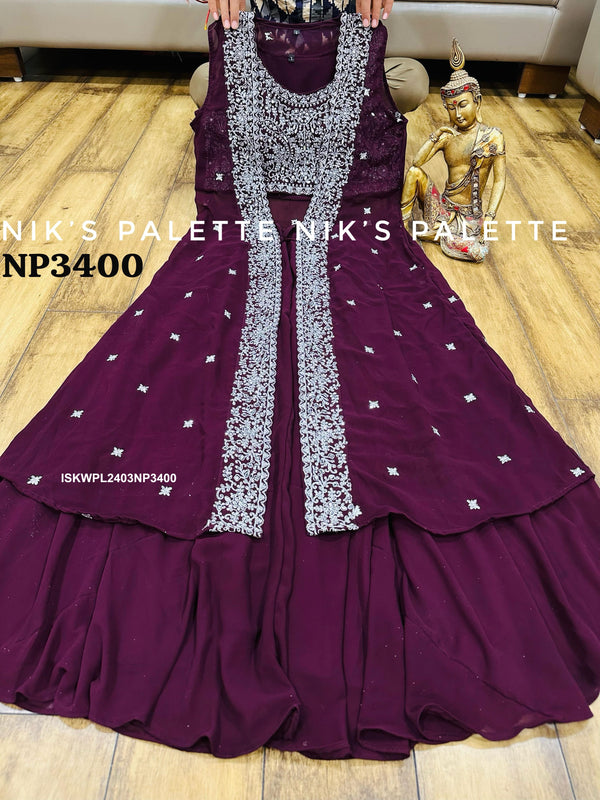 Georgette Crop Top With Palazzo And Embroidered Shrug-ISKWPL2403NP3400