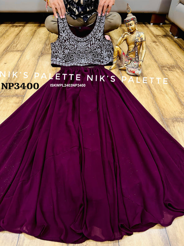 Georgette Crop Top With Palazzo And Embroidered Shrug-ISKWPL2403NP3400