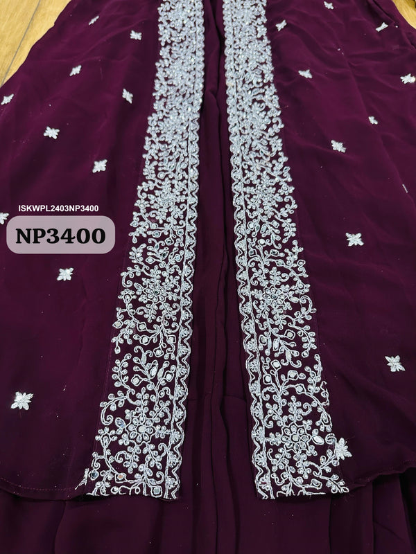 Georgette Crop Top With Palazzo And Embroidered Shrug-ISKWPL2403NP3400