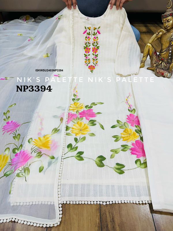Printed Malmal Cotton Kurti With Pant And Hand Printed Chiffon Dupatta-ISKWSU2403NP3394