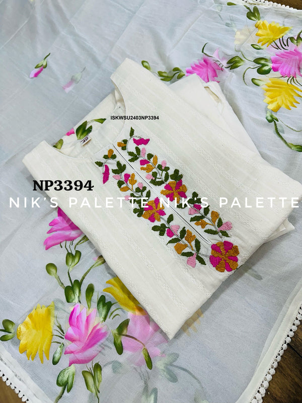 Printed Malmal Cotton Kurti With Pant And Hand Printed Chiffon Dupatta-ISKWSU2403NP3394