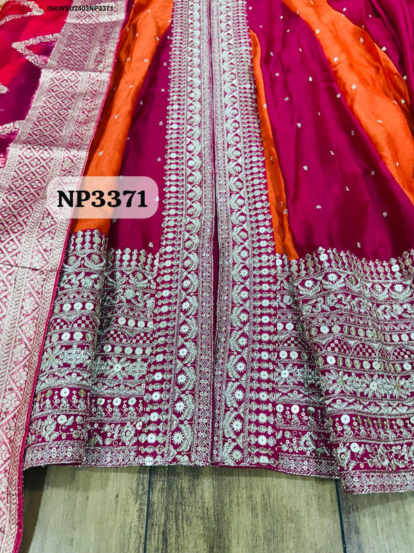 Sequined Silk Anarkali Kurti With Pant And Banarasi Weaved Organza Dupatta-ISKWSU2403NP3371
