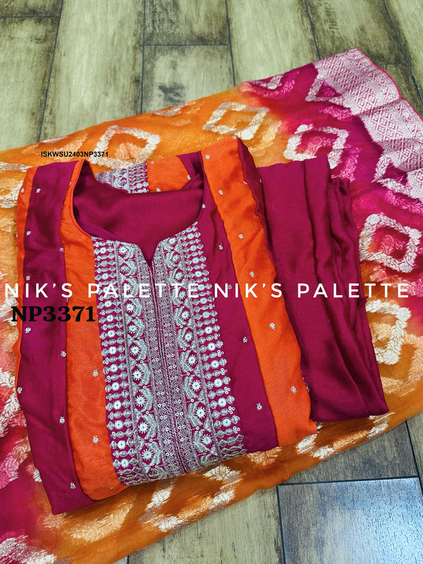 Sequined Silk Anarkali Kurti With Pant And Banarasi Weaved Organza Dupatta-ISKWSU2403NP3371
