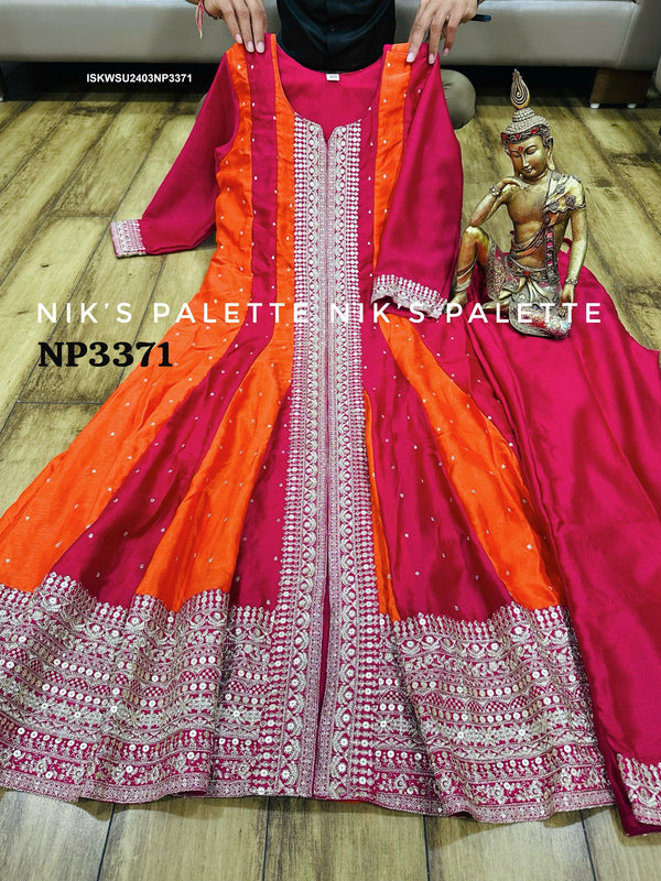 Sequined Silk Anarkali Kurti With Pant And Banarasi Weaved Organza Dupatta-ISKWSU2403NP3371