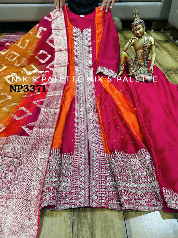 Sequined Silk Anarkali Kurti With Pant And Banarasi Weaved Organza Dupatta-ISKWSU2403NP3371